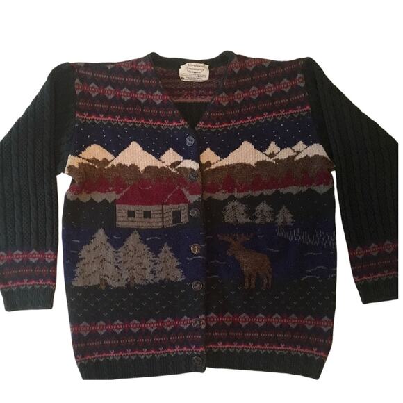 Northern Treasures Forest Green Cardigan Mountain Moose Vtg - Picture 1 of 10